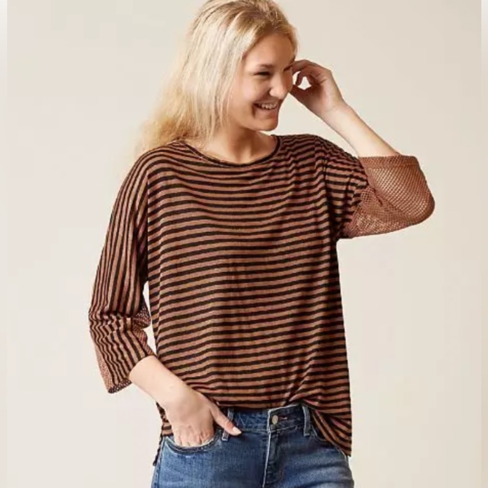 NWT Gilded Intent (Buckle Brand) Black Russet Stripe Top w Mesh On Sleeves - S